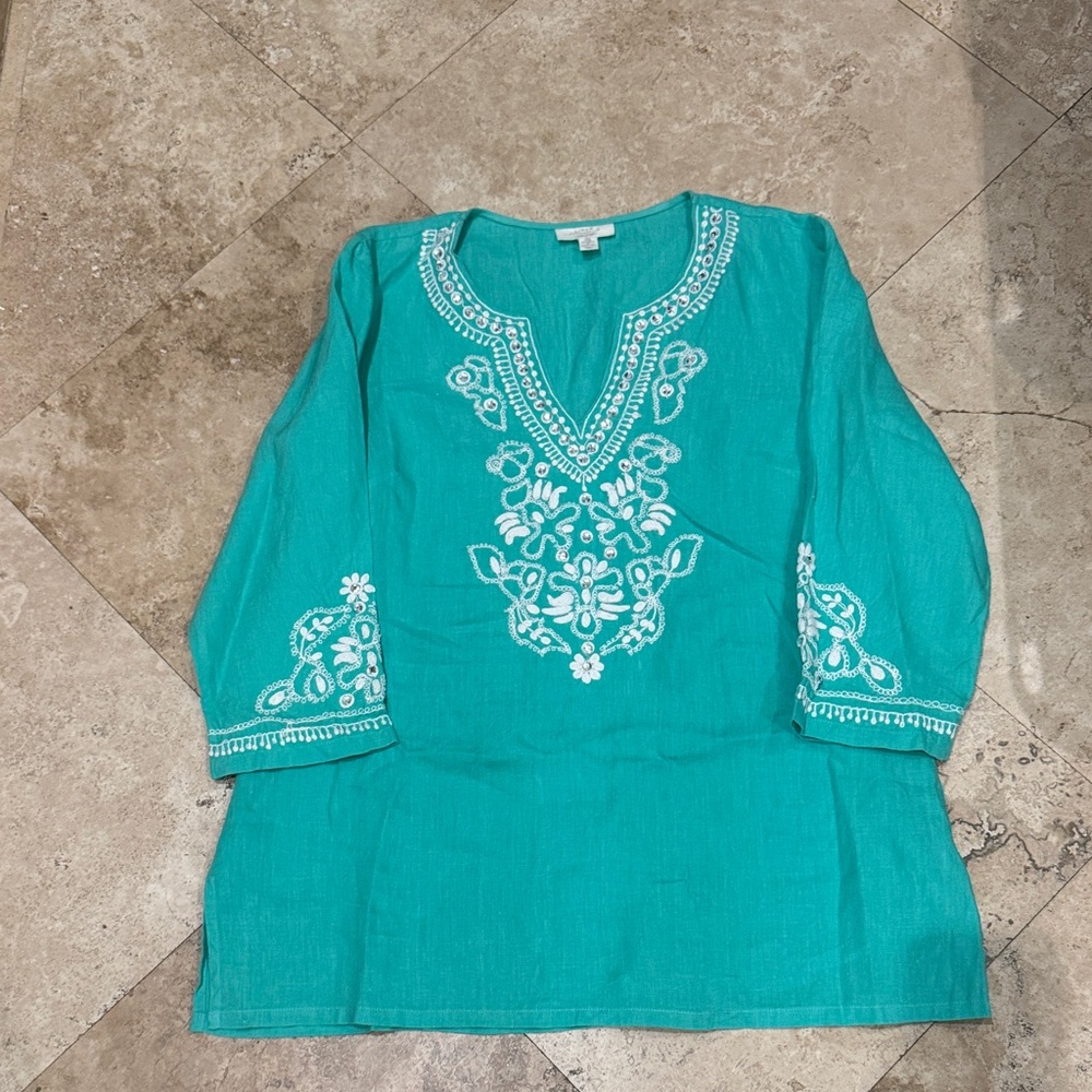 🌟 Charter Club 100% Linen Embroidered Tunic – Size Large 🌟
